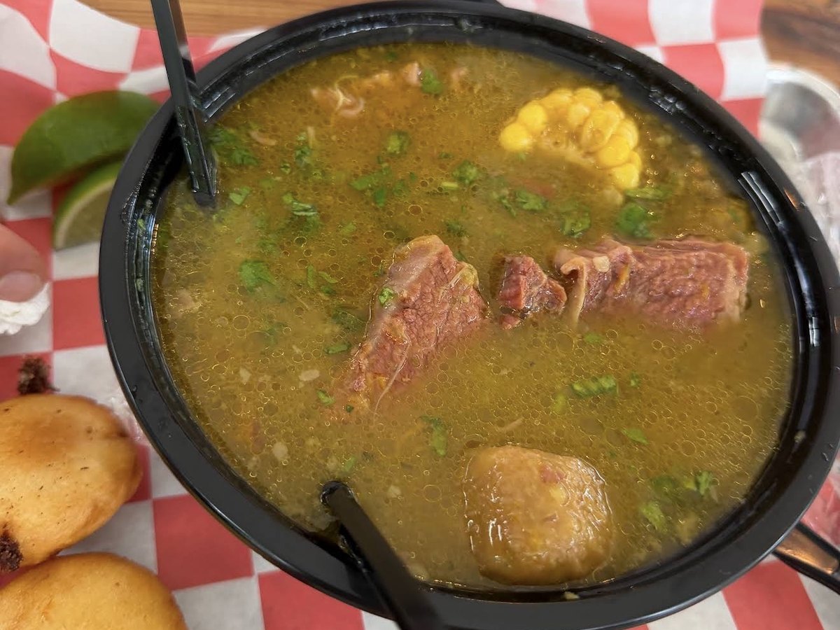 Sopa de costilla (beef rib sancocho) with corn, yuca and arepitas at Pico e Gallo BBQ